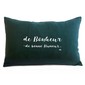 Coussin citation "de Bonheur, de Bonne Humeur", coloris Bleu de Prusse - velours blanc, Mes Mots Déco
