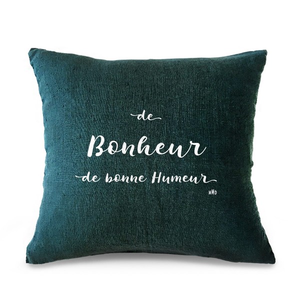 Coussin citation "de Bonheur, de Bonne Humeur", Bleu de Prusse - velours blanc, Mes Mots Déco