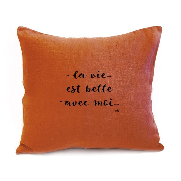 Coussin "La Vie est belle", Paprika - velours noir, Mes Mots Déco