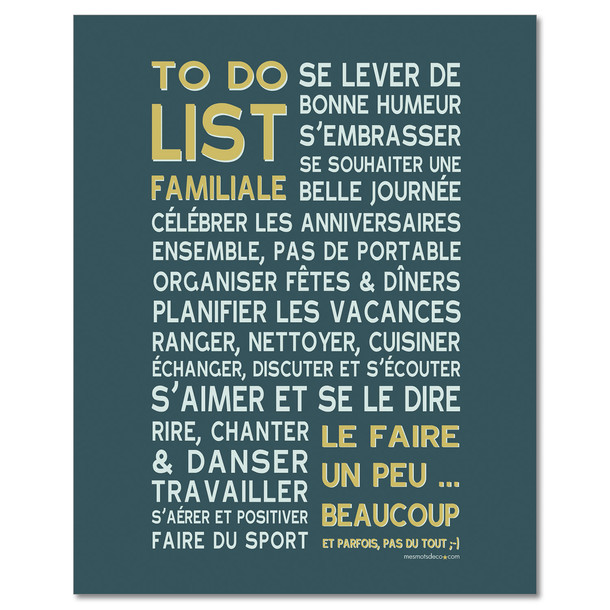 To Do List de la famille, fond bleu pétrole, affiche à encadrer, Mes Mots Déco